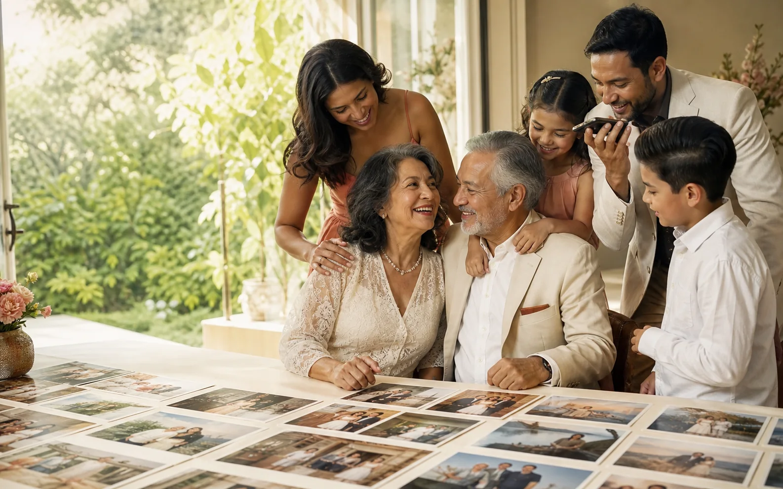Szene: ein Paar und seine Familie mit Fotos aus fünfzig gemeinsamen Jahren.