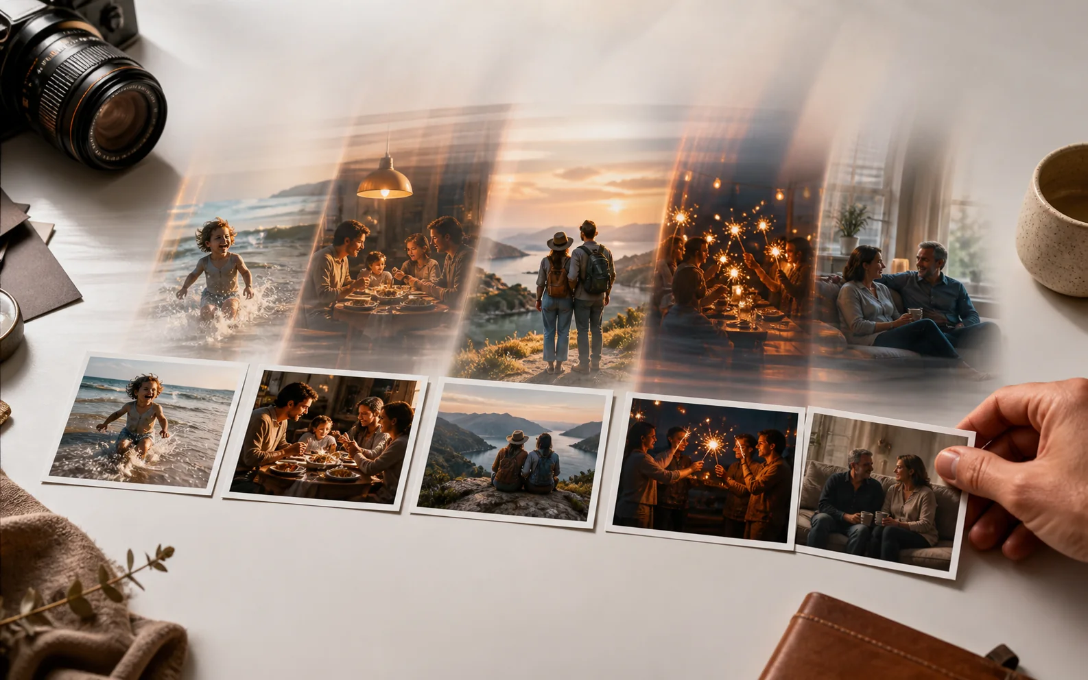 Scene: five photographs becoming a cinematic life sequence.