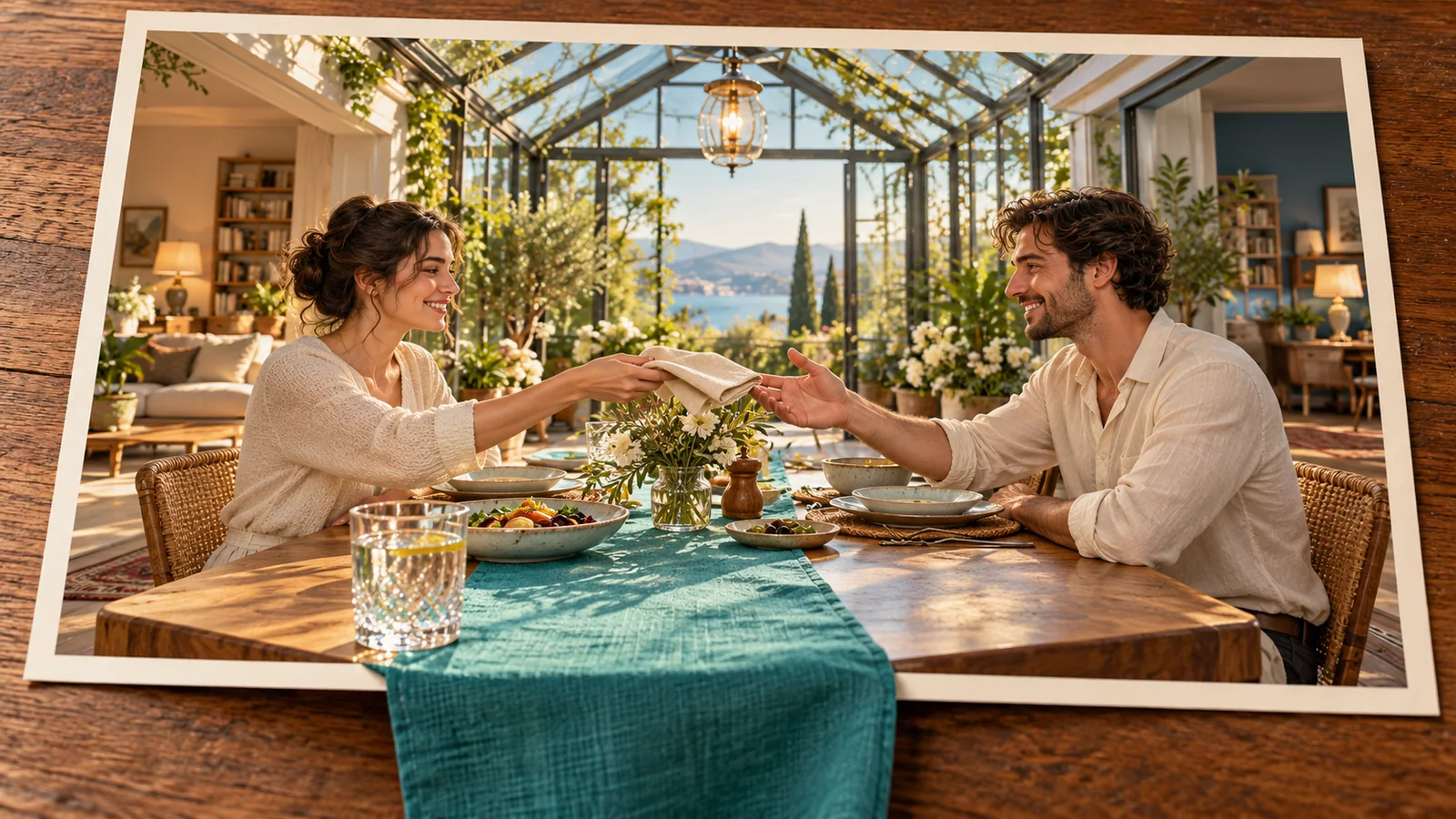 Two people pass a napkin across a conservatory table as a turquoise runner extends beyond the photograph.