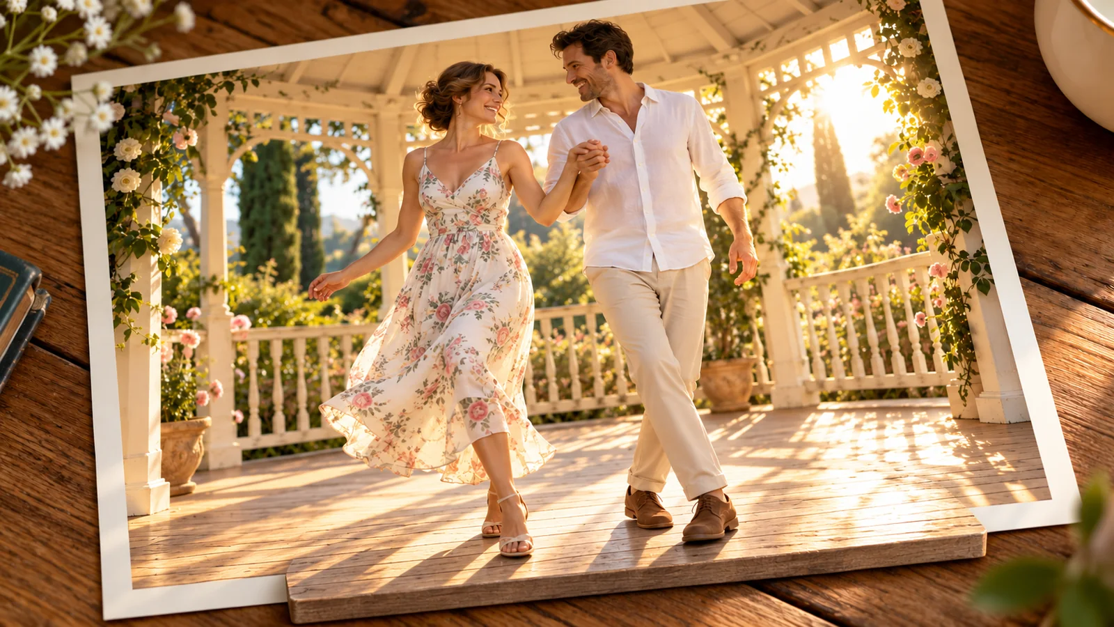 Due adulti ballano in un gazebo soleggiato; una parte del pavimento in legno emerge dalla foto.