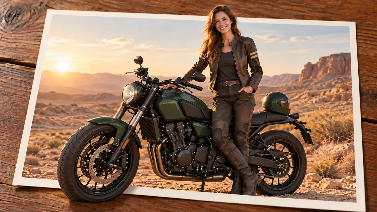A woman in motorcycle clothing stands beside a parked dark-green motorcycle; its front wheel extends beyond the photograph.