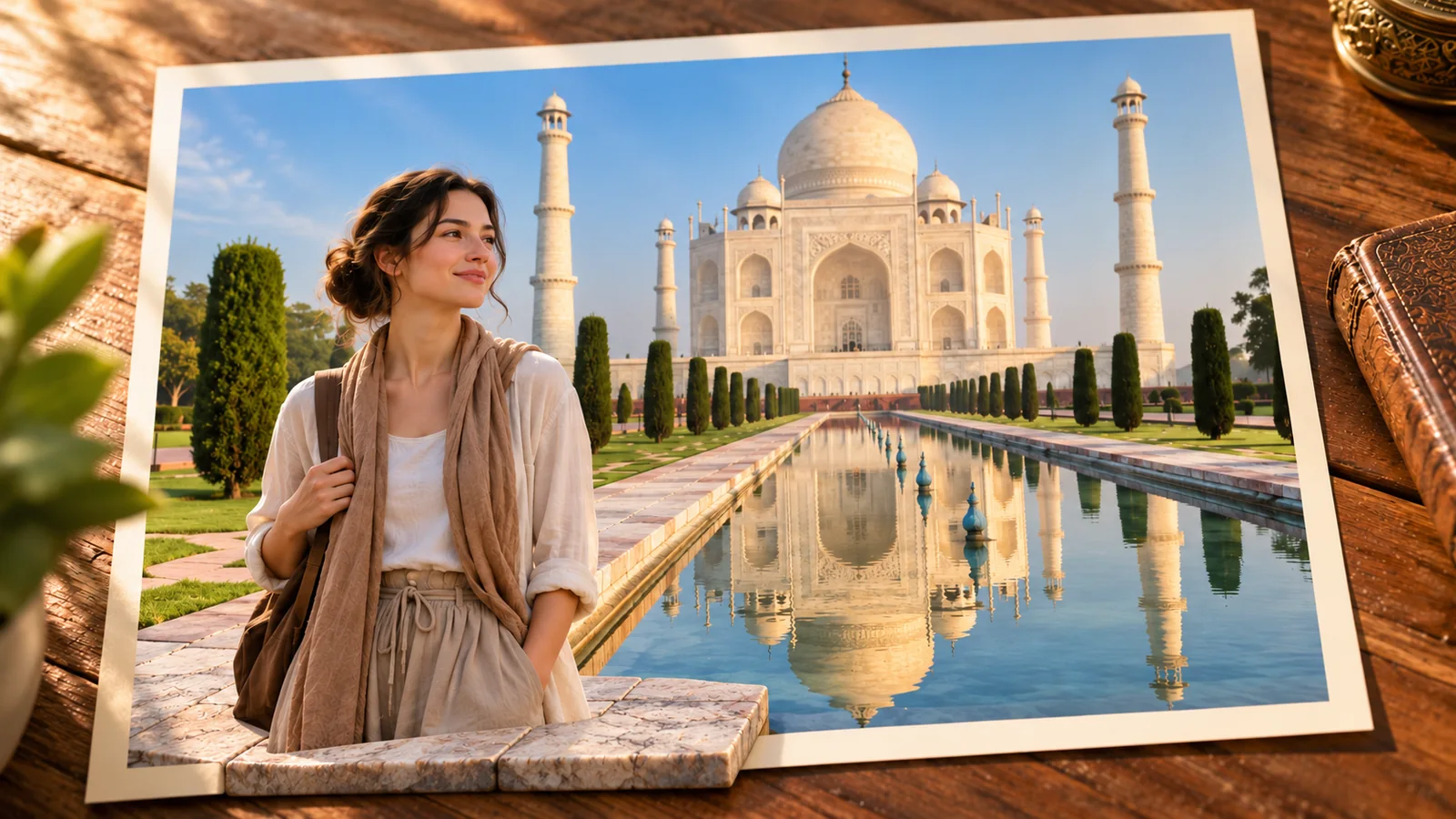 A woman stands beside the reflecting pool in front of the Taj Mahal; a section of stone path emerges from the photograph.