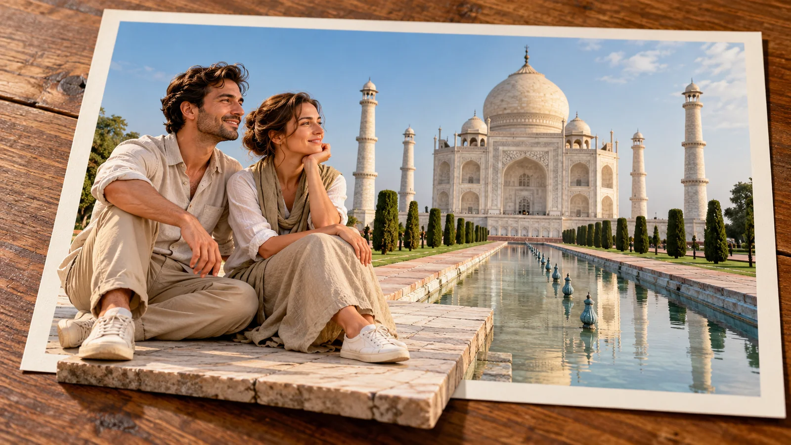 Due adulti siedono davanti al Taj Mahal; la loro seduta in pietra emerge dalla foto.