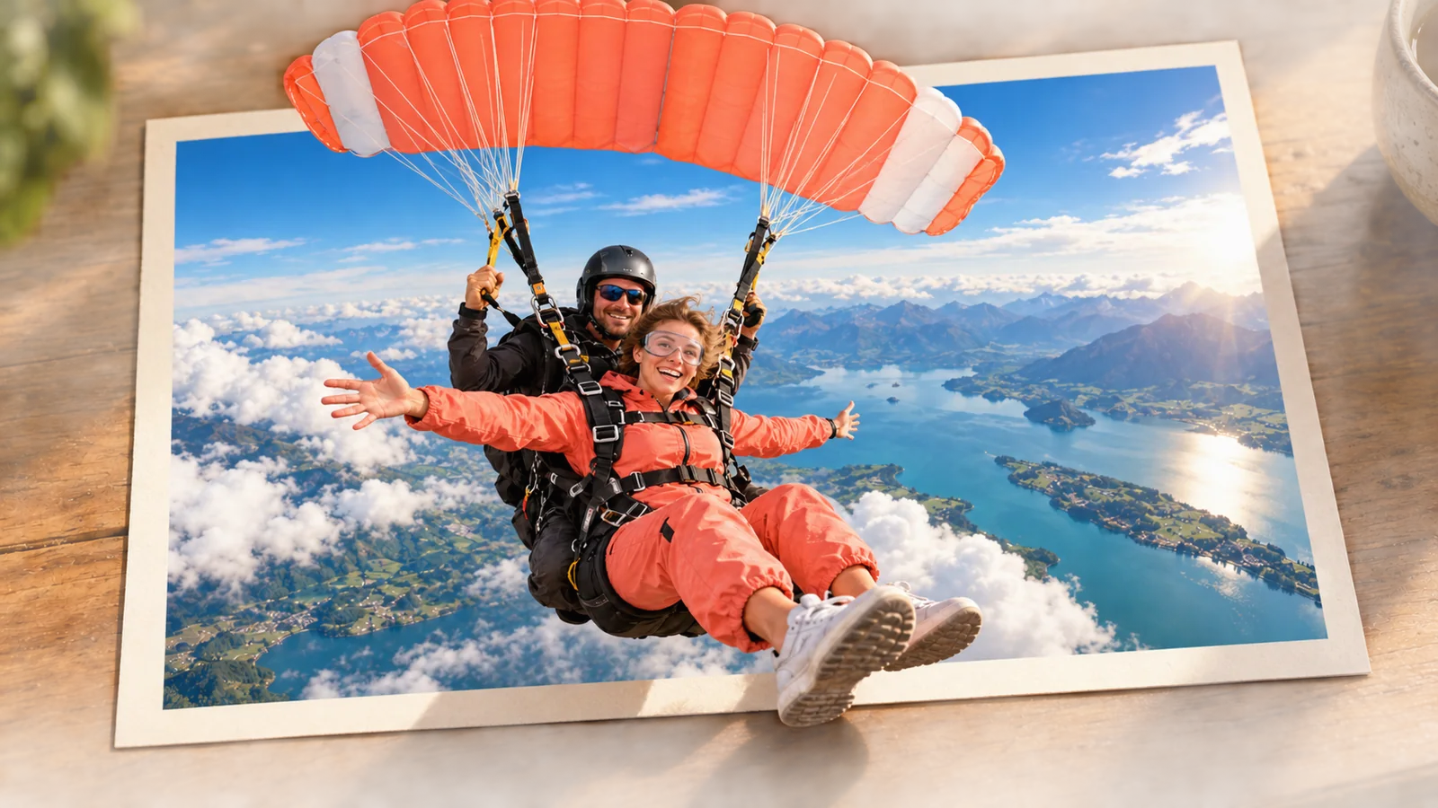 A woman in a coral suit hangs with a tandem instructor beneath an open parachute; canopy and feet extend beyond the photograph.