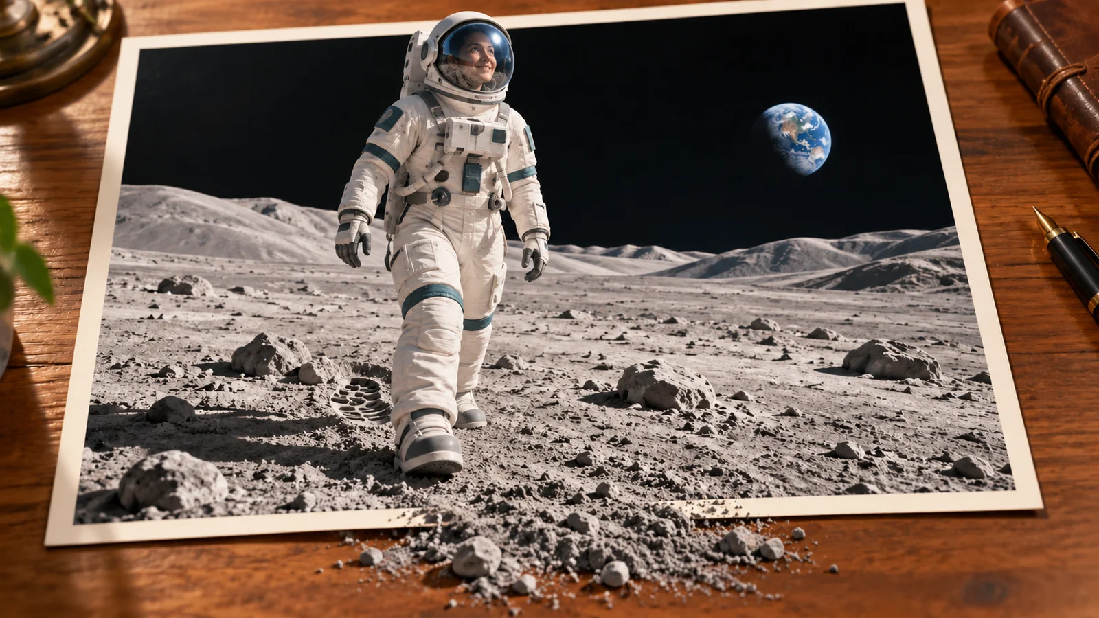 Eine Astronautin mit geschlossenem Glasvisier geht über den Mond; neben ihr liegt eine Fußspur, und Mondstaub ragt aus dem Foto.