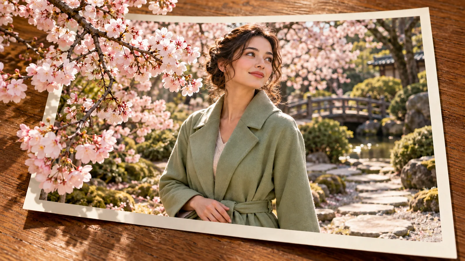 A woman in a sage-green coat stands beneath cherry blossoms; a flowering branch extends beyond the photo.