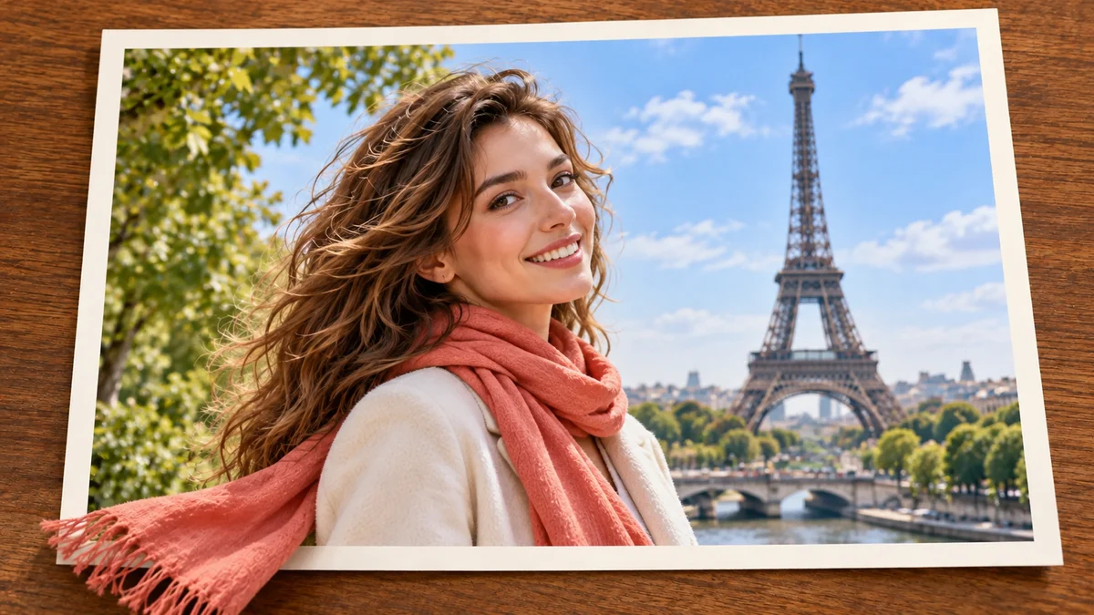A woman in a light coat and coral scarf looks towards the camera with the Eiffel Tower behind her; her scarf extends beyond the complete photo frame.