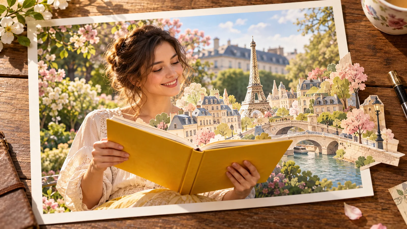 A woman holds a yellow book from which a small paper city with an Eiffel Tower unfolds beyond the photograph.