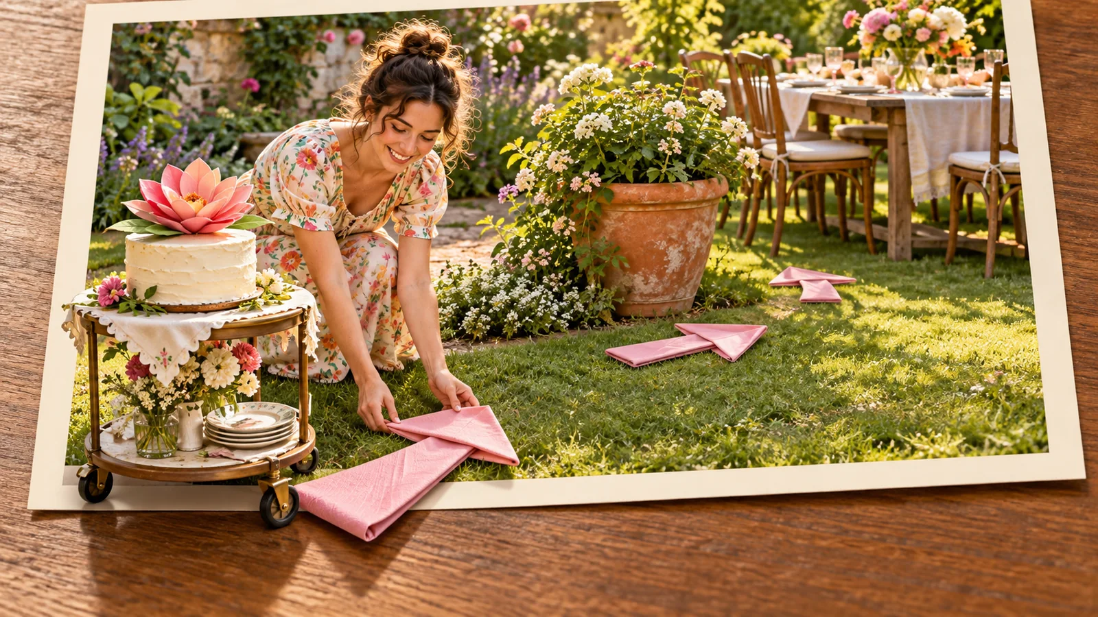A woman lays napkin arrows for a wheeled cake table topped with a paper flower, emerging from the photograph.