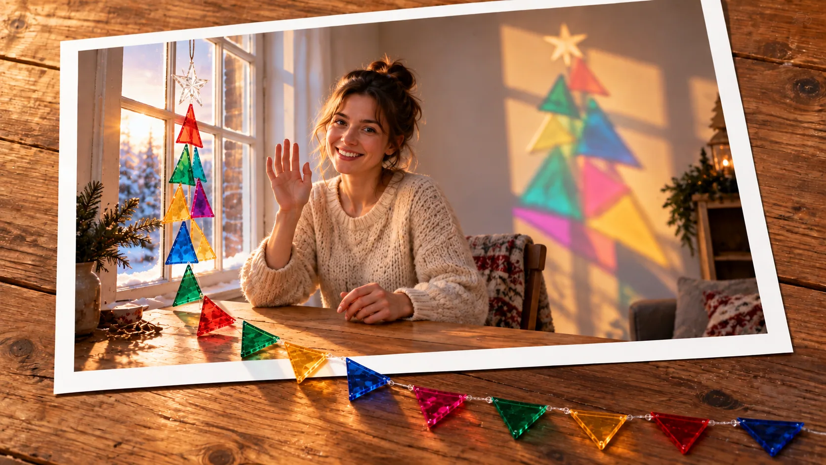 Photographic scene: A Christmas Tree Made of Window Light; as a photograph on wood with a protruding story prop.