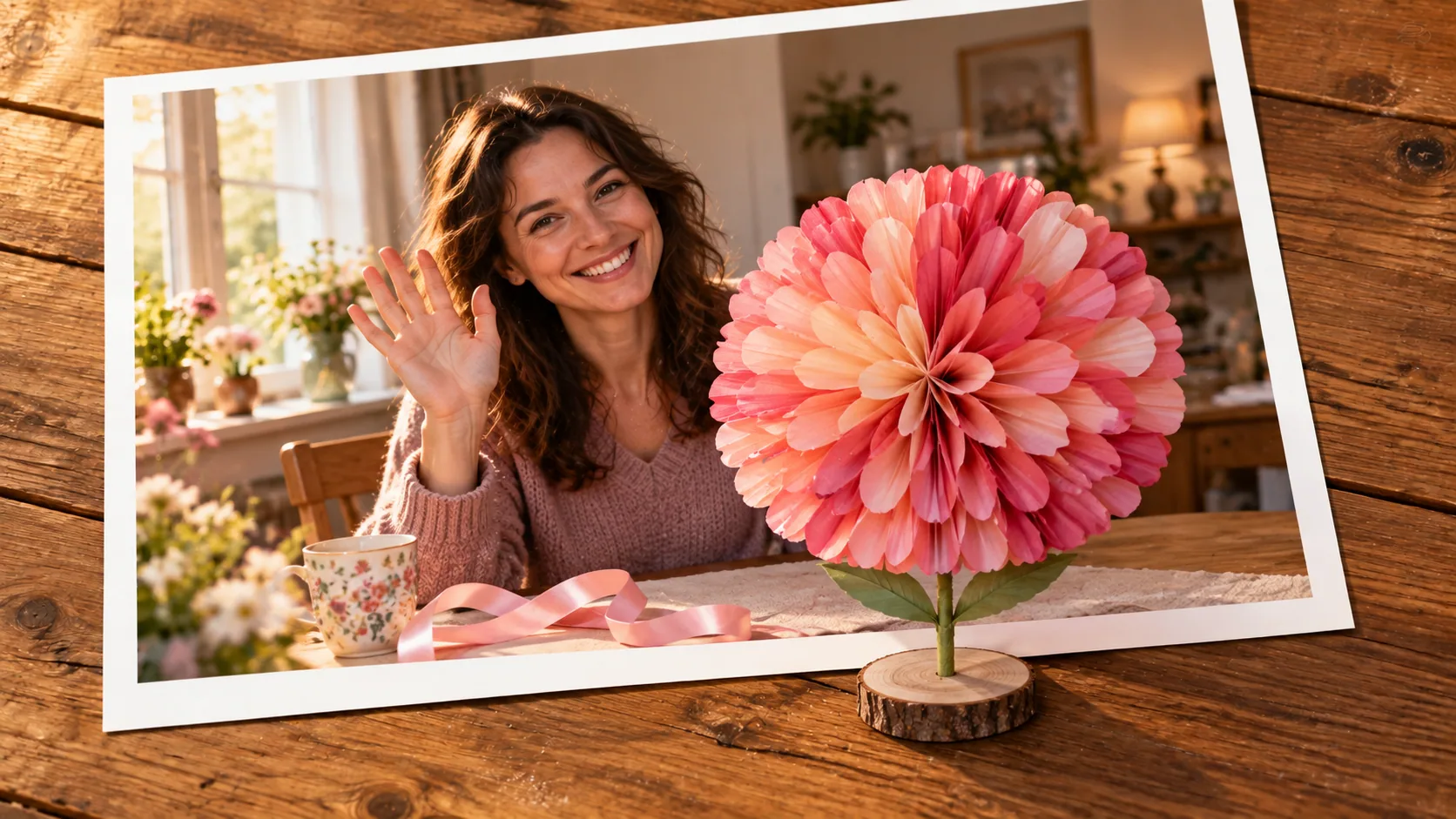 Photographic scene: A Thank-You That Blossoms; as a photograph on wood with a protruding story prop.
