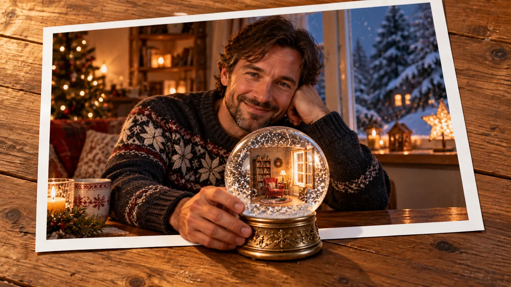 Photographic scene: The Snow Globe Opens a Window; as a photograph on wood with a protruding story prop.