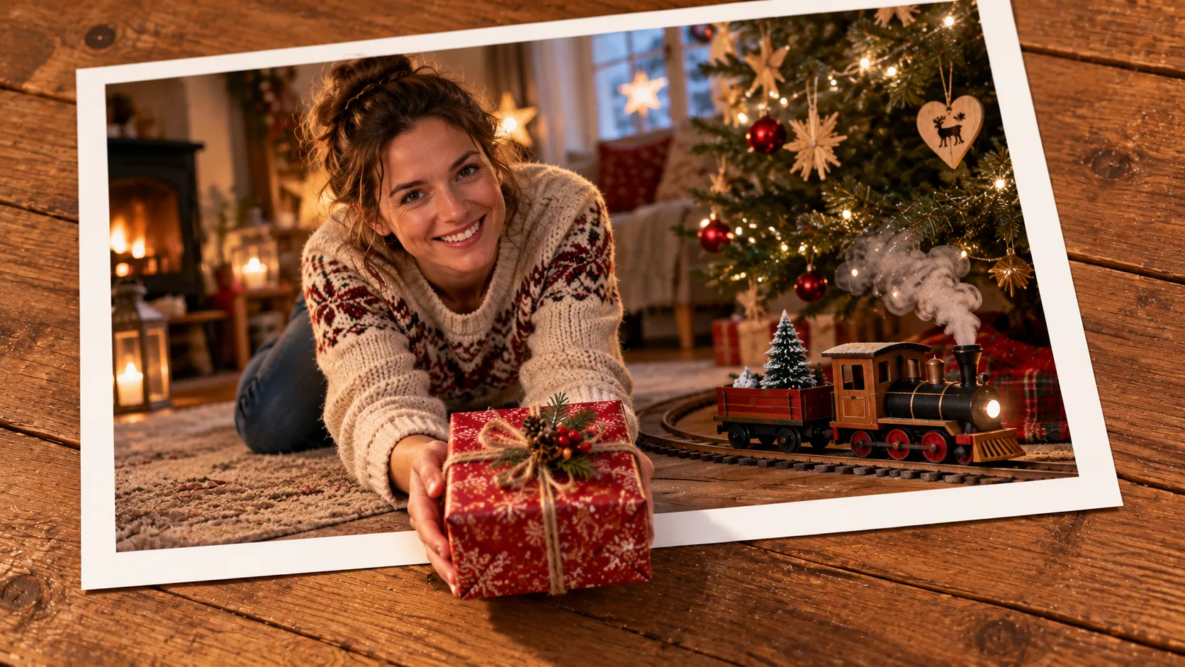 Photographic scene: The Gift Train Finds the Tree; as a photograph on wood with a protruding story prop.