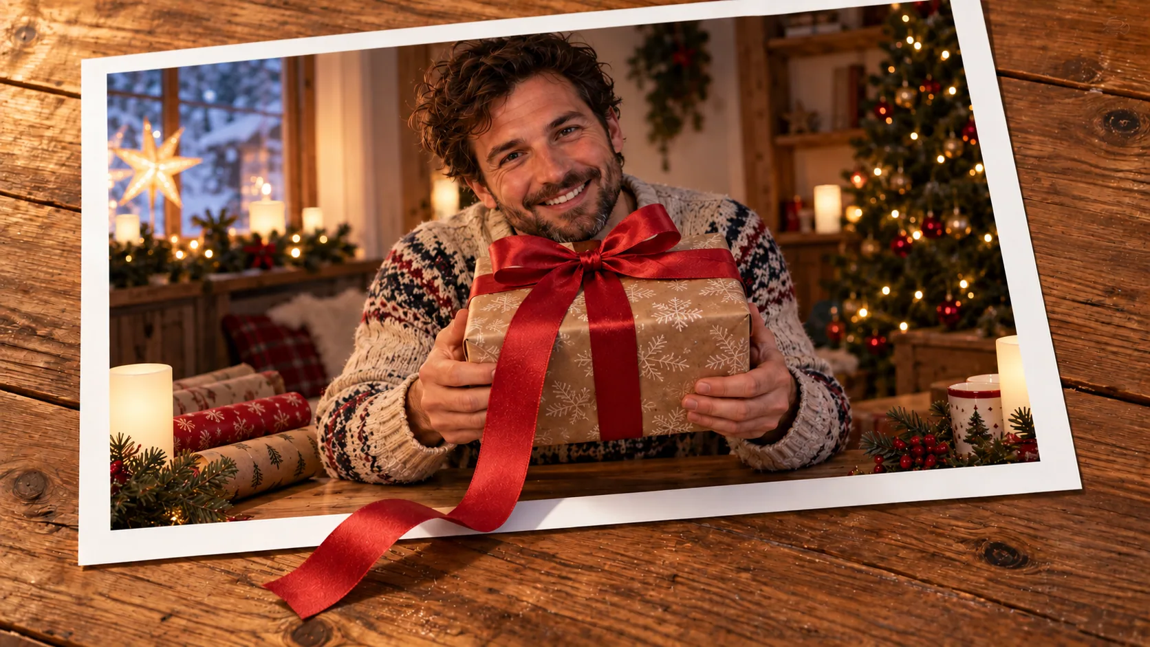 Photographic scene: The Ribbon Dances onto the Gift; as a photograph on wood with a protruding story prop.