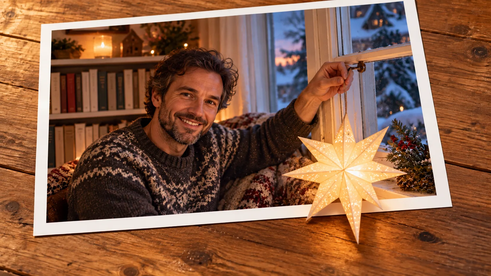 Photographic scene: The Star Waits on the Bookshelf; as a photograph on wood with a protruding story prop.