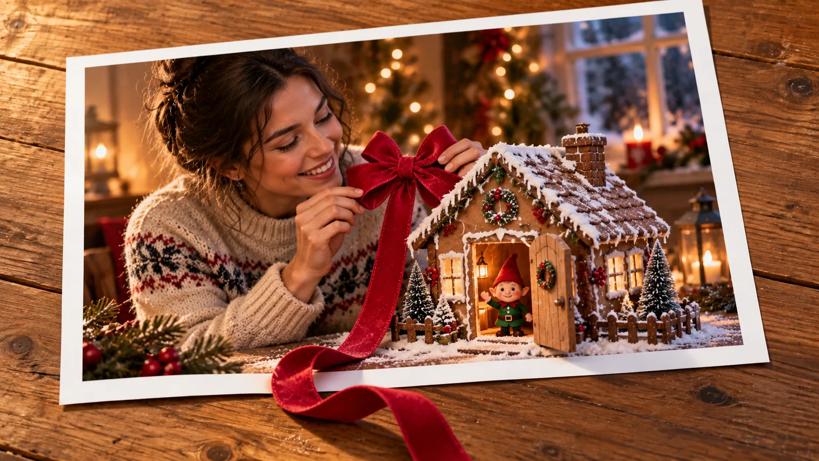 Photographic scene: The Gingerbread House Has a Visitor; as a photograph on wood with a protruding story prop.