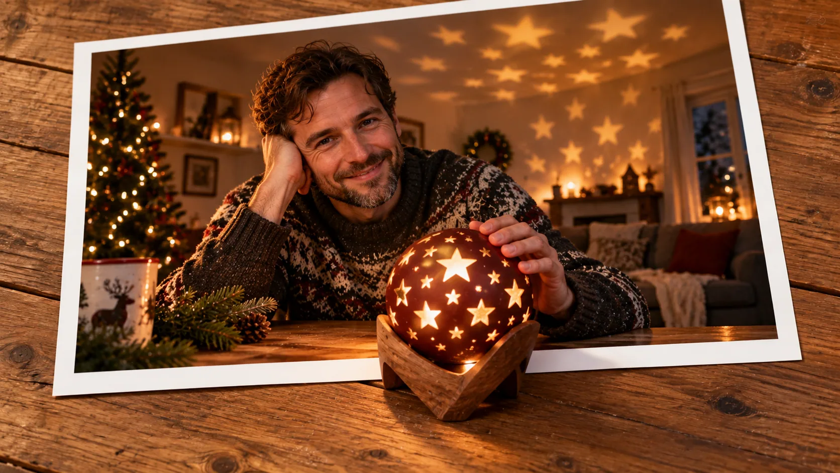 Photographic scene: The Bauble Paints the Room; as a photograph on wood with a protruding story prop.
