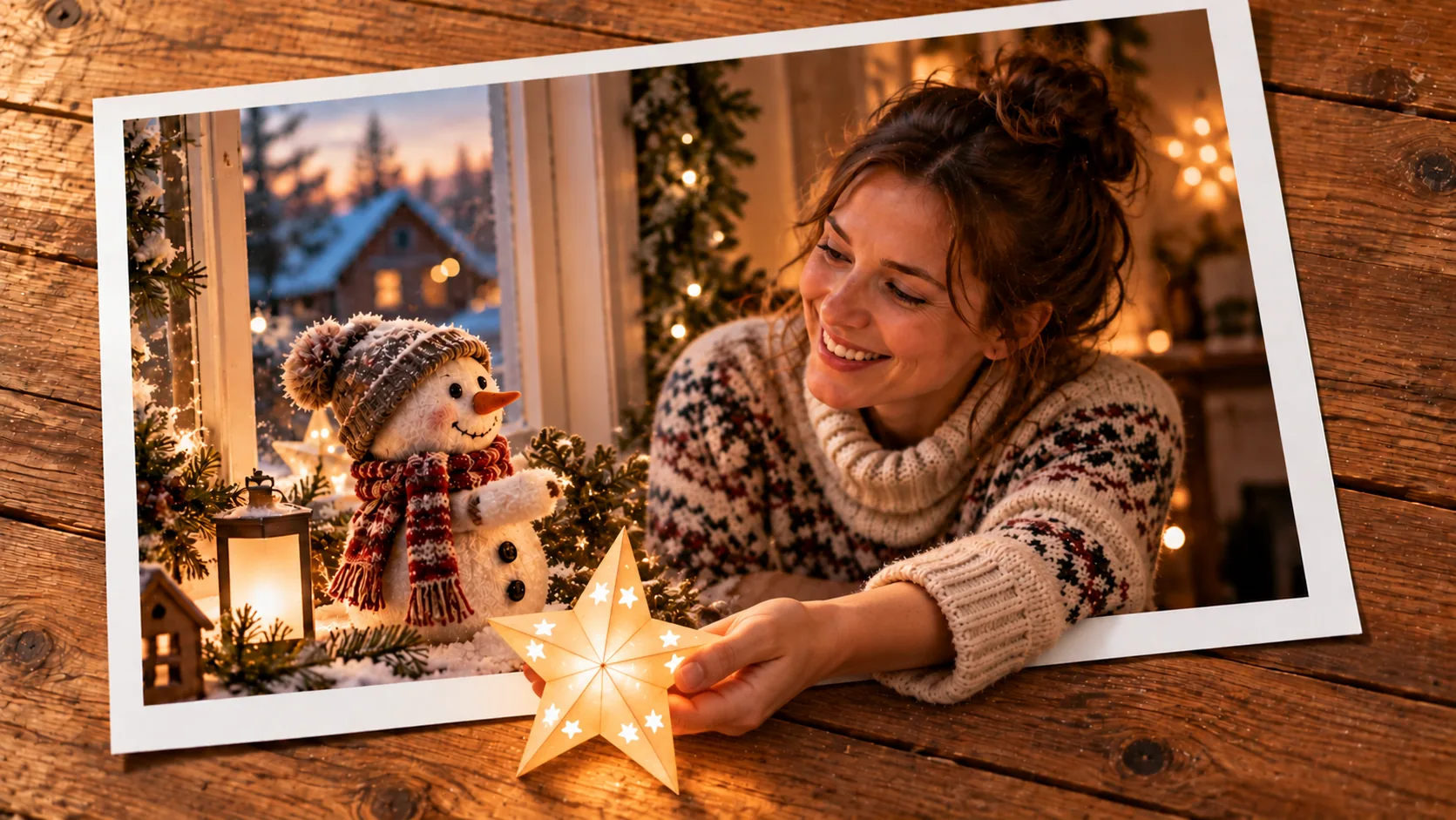 Photographic scene: The Scarf Keeps the Snowman Warm; as a photograph on wood with a protruding story prop.