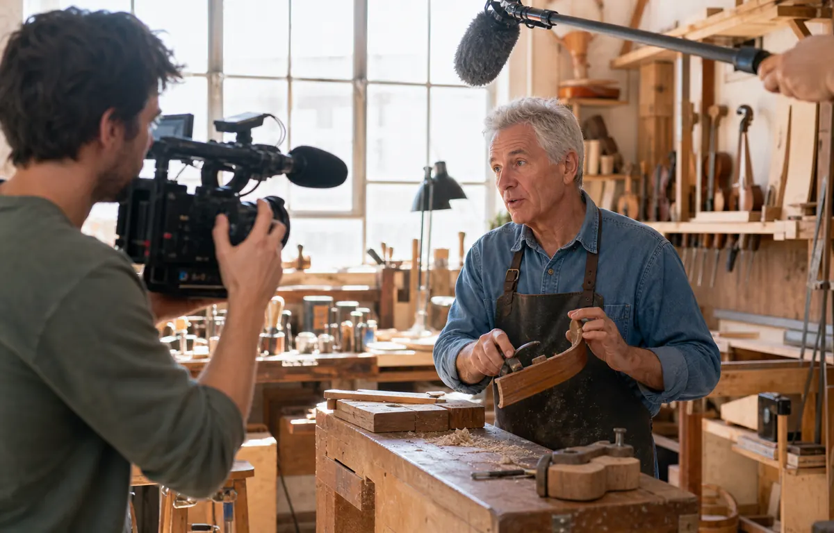 Dokumentarfilmer interviewt einen Handwerker in einer hellen Werkstatt