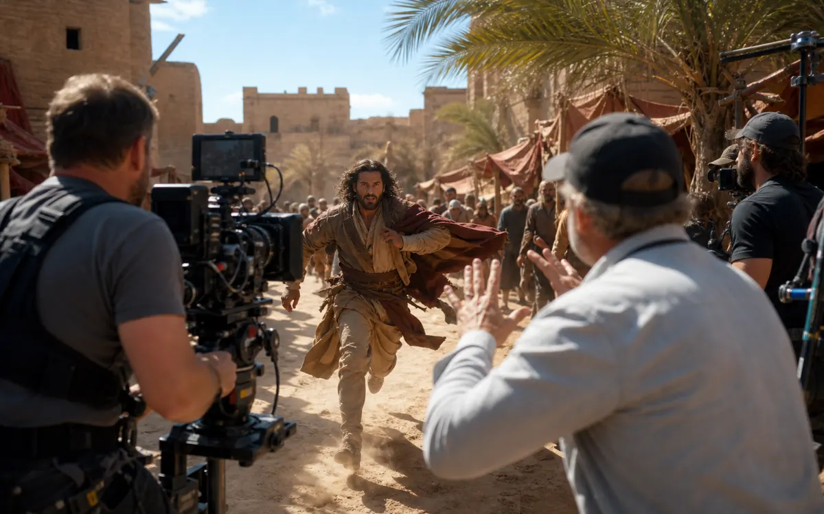 Filmteam dreht eine dynamische Enthüllung auf einem hellen Außenset