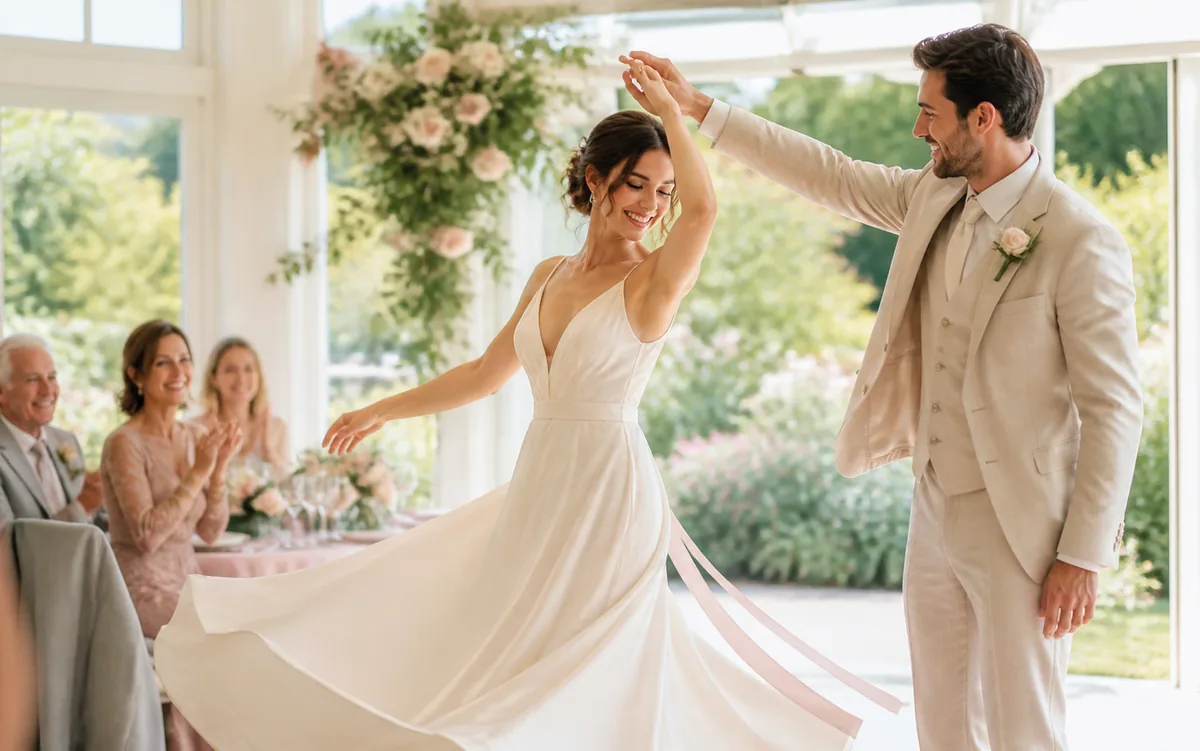 Paar in einer hellen natürlichen Tanzbewegung bei einer Hochzeit
