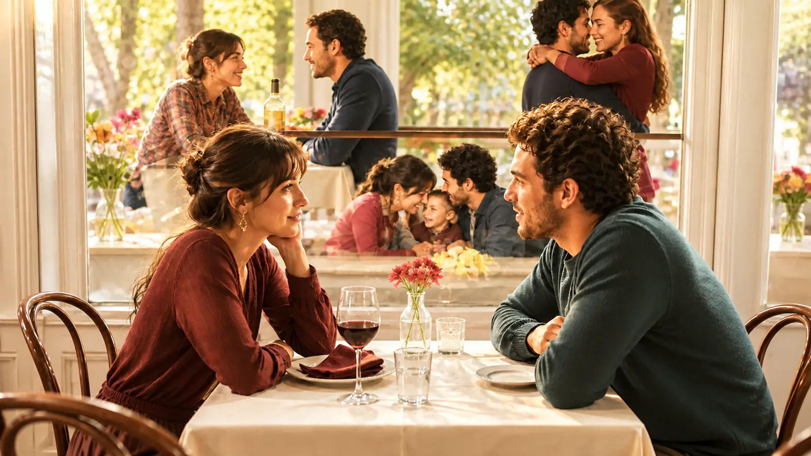 Happy couple at a bright restaurant table with reflections of later shared moments