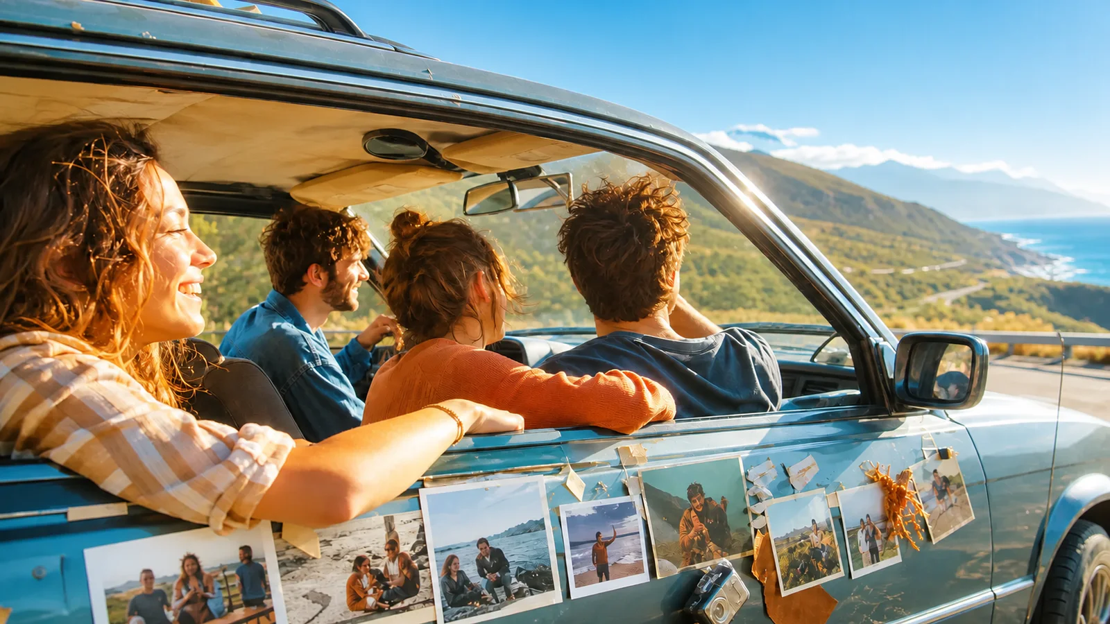 Amici condividono avventure e ricordi in un viaggio soleggiato