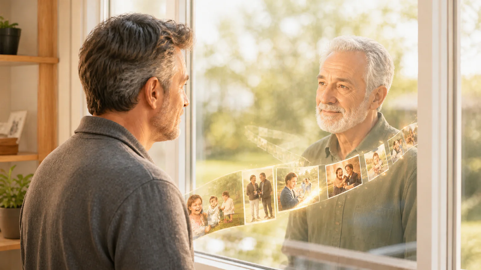 Hombre frente a un reflejo futuro mayor entre fotografías familiares iluminadas