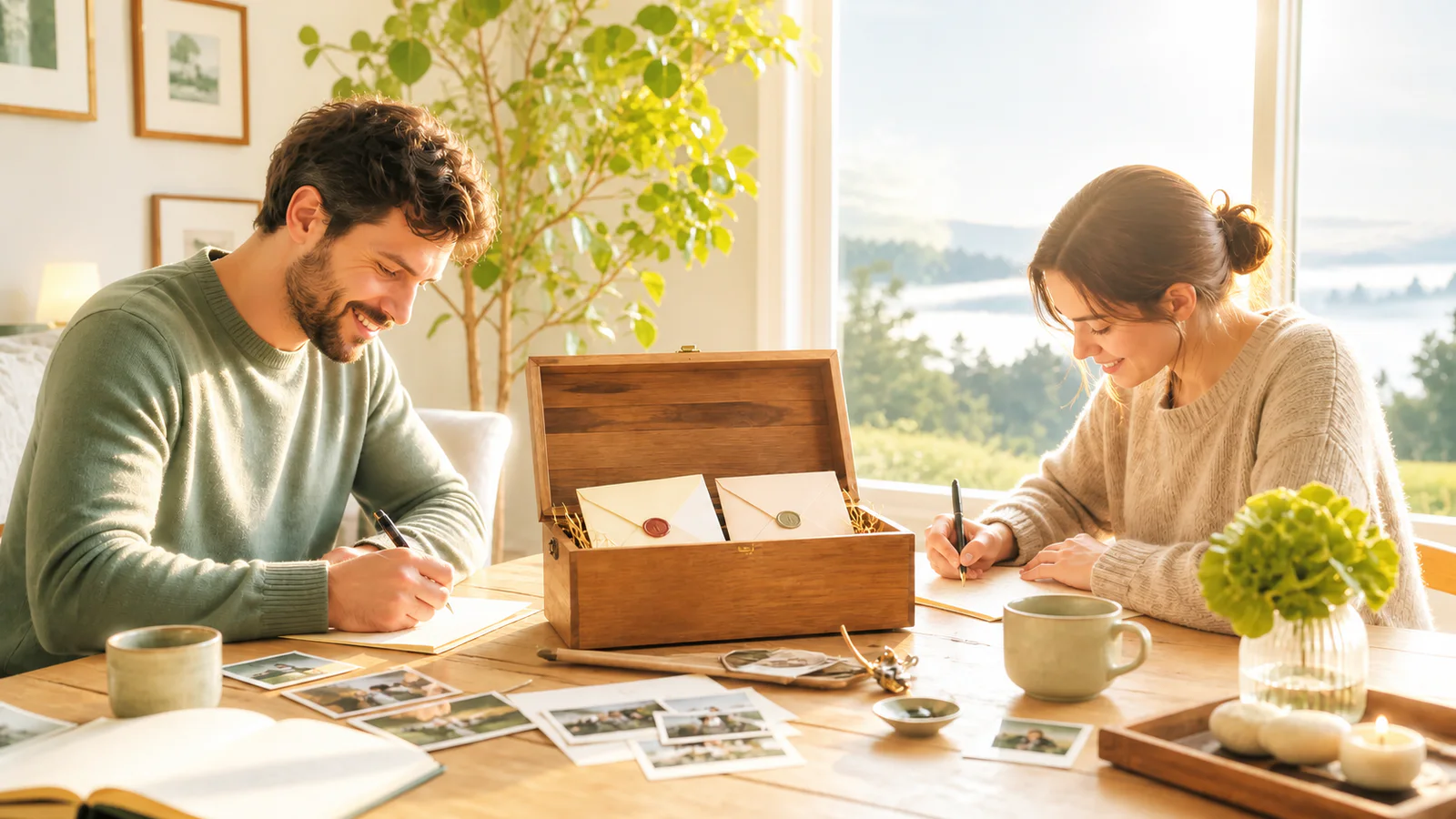 Recién casados y familiares pasan cartas hacia una caja de recuerdos luminosa