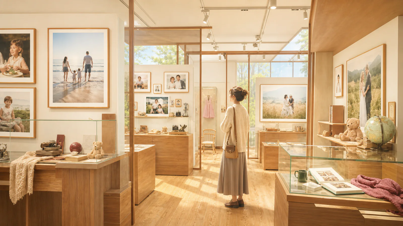 Mujer recorriendo un museo cálido formado por fotos familiares y objetos personales