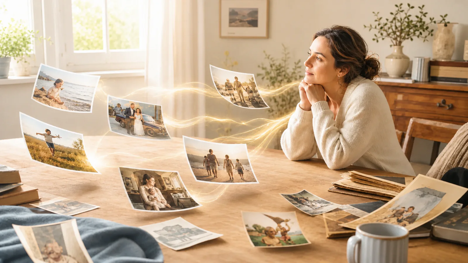 Fotografías familiares flotando sobre una mesa hacia una mujer que escucha