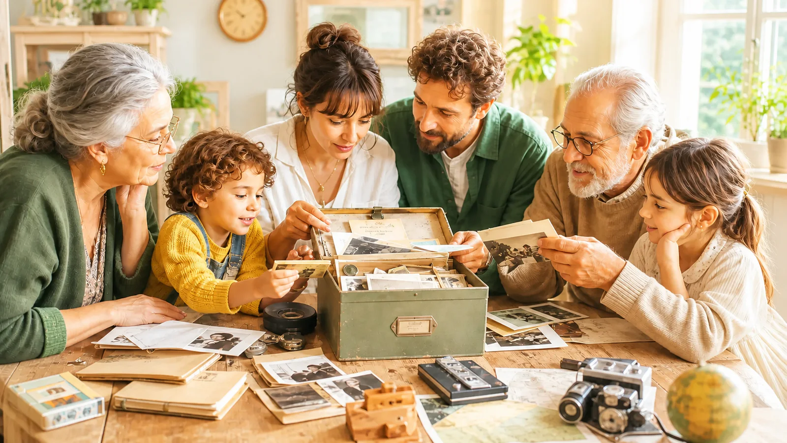 Varias generaciones descubren fotos antiguas y cartas en una habitación luminosa