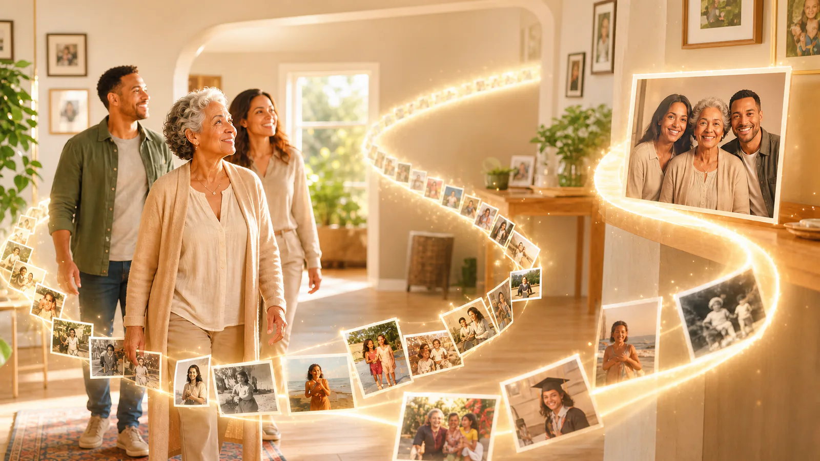 Mosaico luminoso de recuerdos alrededor de una familia que celebra