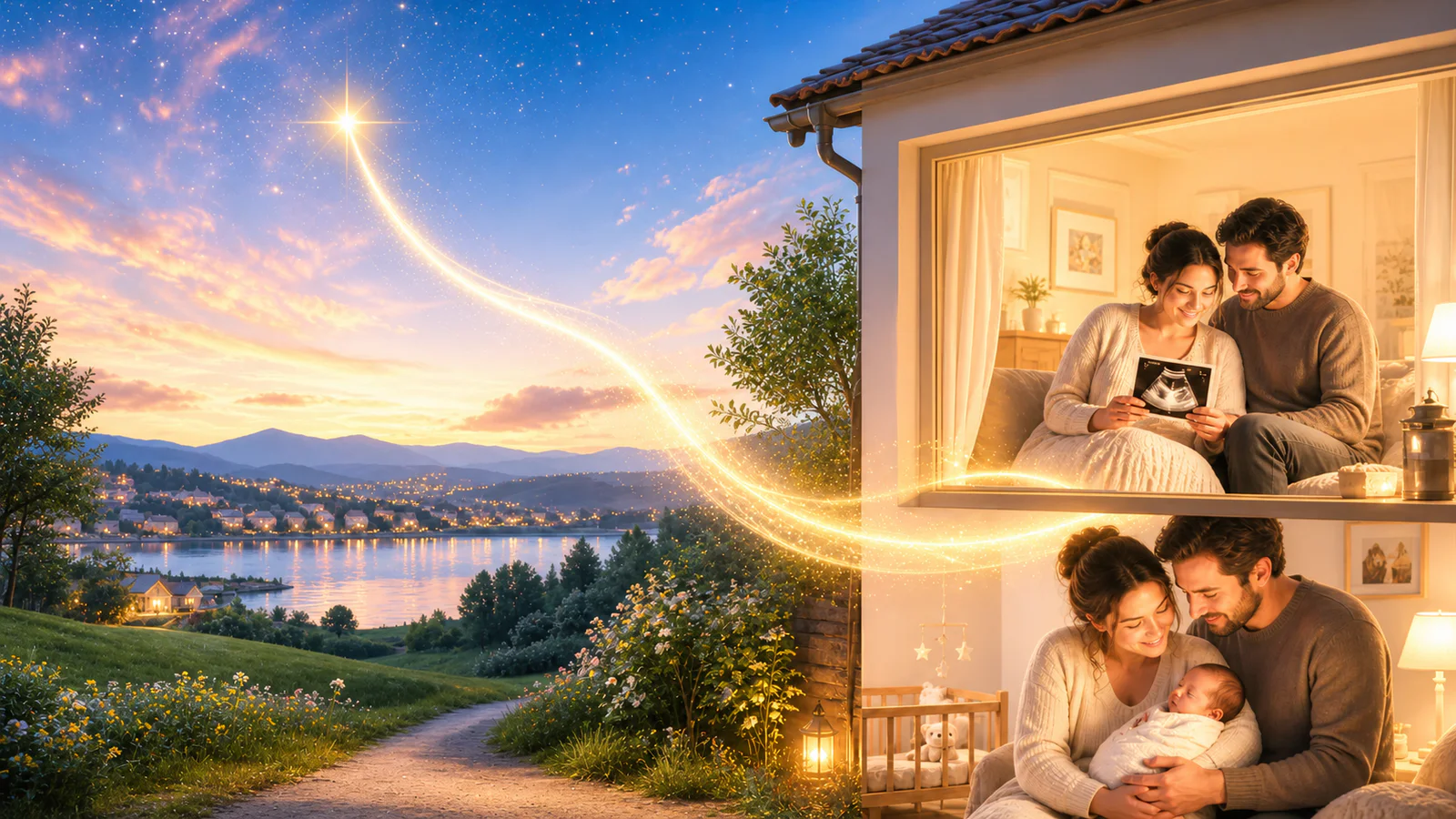 Estrella luminosa viaja al amanecer hacia futuros padres y un hogar cálido