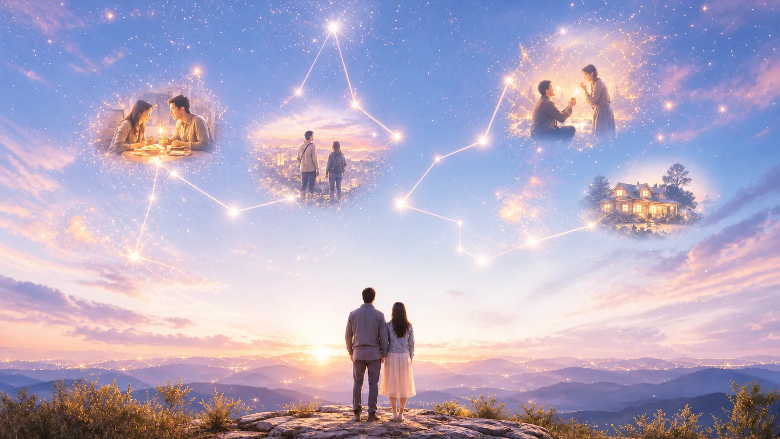 Couple looking at a bright star map filled with scenes from their story