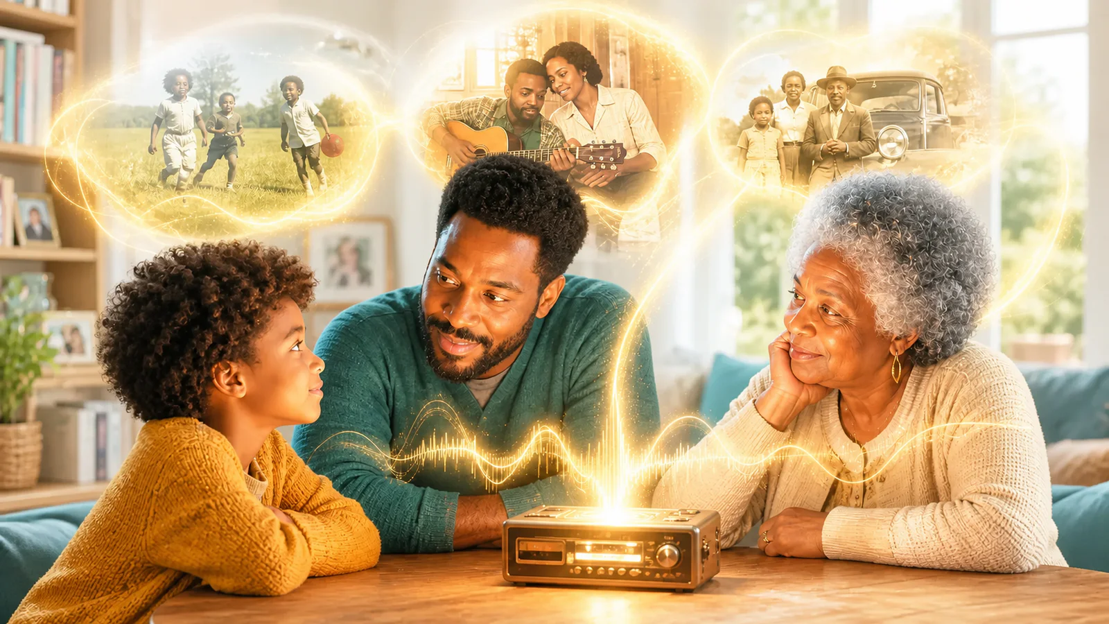 Tres generaciones escuchan grabaciones familiares en un salón luminoso