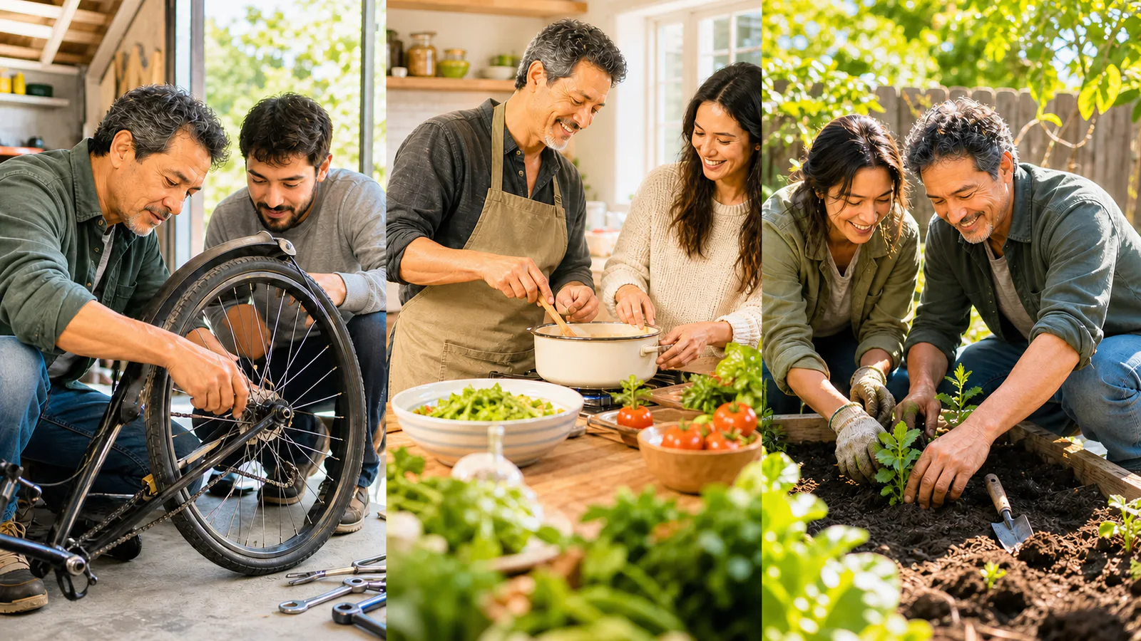 Familia aprendiendo entre generaciones en una casa y un jardín luminosos