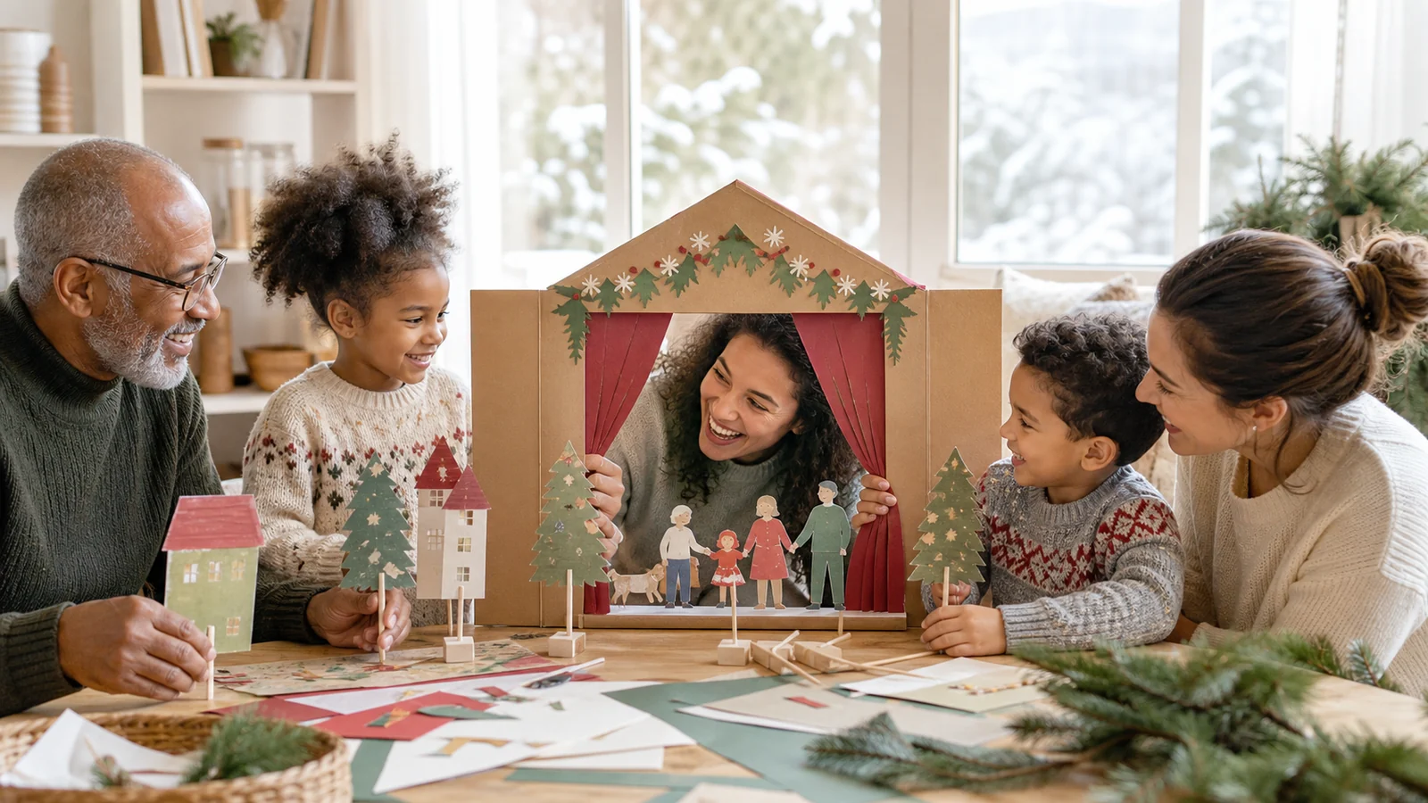 Unser Weihnachts-Papiertheater: Die Familie baut aus Papier, Licht und eigenen Erinnerungen eine kleine Weihnachtswelt. Humor und Nähe führen aus der handgemachten Bühne direkt in das heutige Zusammensein.