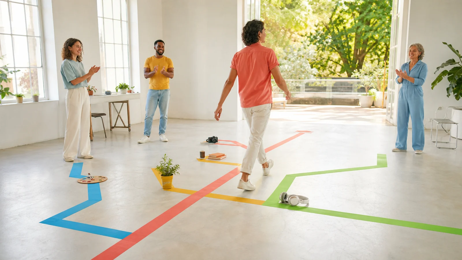 Der Plan, den du beim Gehen verändert hast: Entscheidungen, Umwege und Menschen, die geholfen haben, werden als begehbare Karte sichtbar. Das Ziel ist kein vorbestimmter Erfolg, sondern die eigene Möglichkeit, den Plan weiterzuzeichnen.