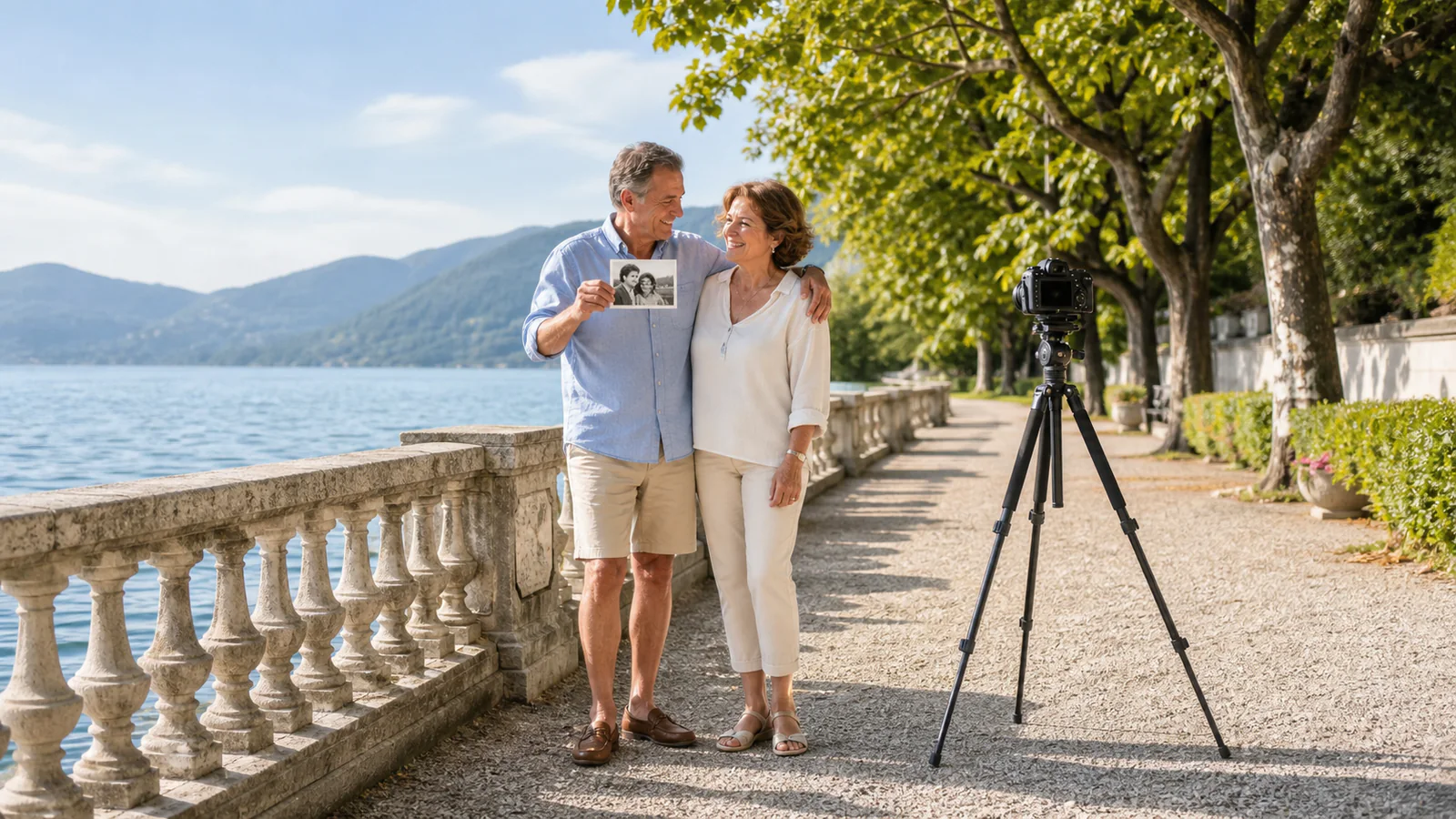 Noch einmal im selben Bild: Acht alte Bilder werden nicht künstlich restauriert, sondern an ihren echten Orten mit dem heutigen Paar beantwortet. Veränderungen dürfen sichtbar bleiben und werden zum liebevollen Mittelpunkt des Jahrestags.
