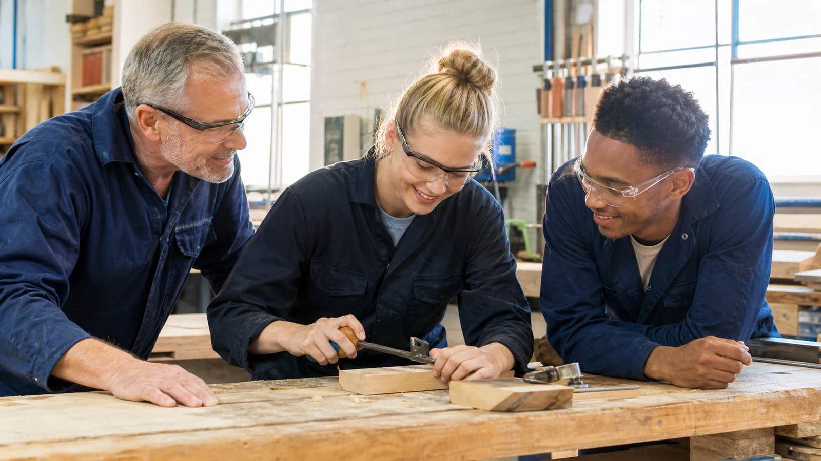 The first tool and the team behind it — A young adult apprentice and experienced team share one simple unbranded hand tool at a bright safe workshop bench, protective equipment used correctly, warm mentorship and complete framing.