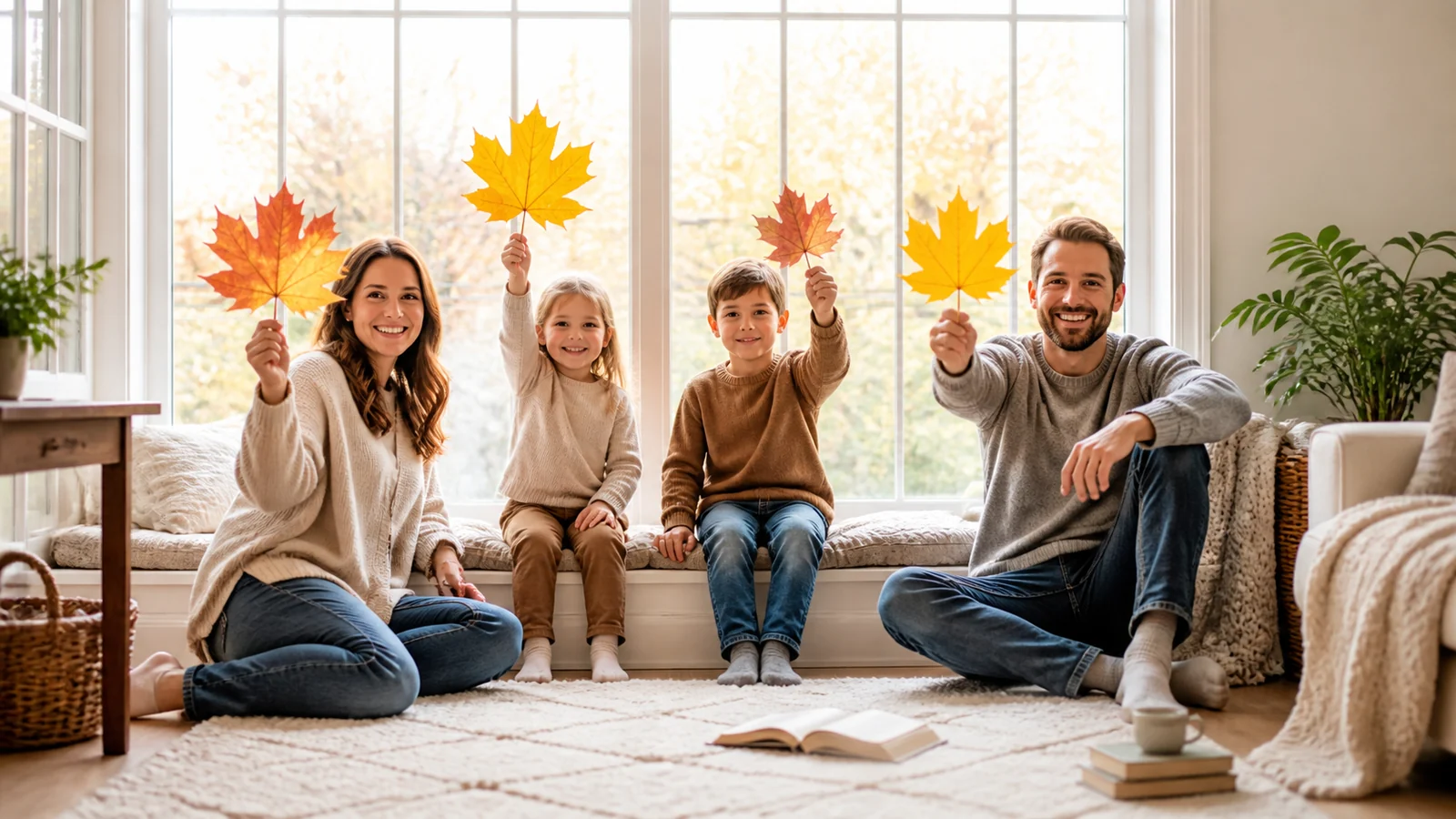 Eight leaves at our window — A family holds vivid fallen autumn leaves against a huge bright window, the leaf shapes framing hands baking, reading and tying shoes in an airy home, warm candid natural daylight.