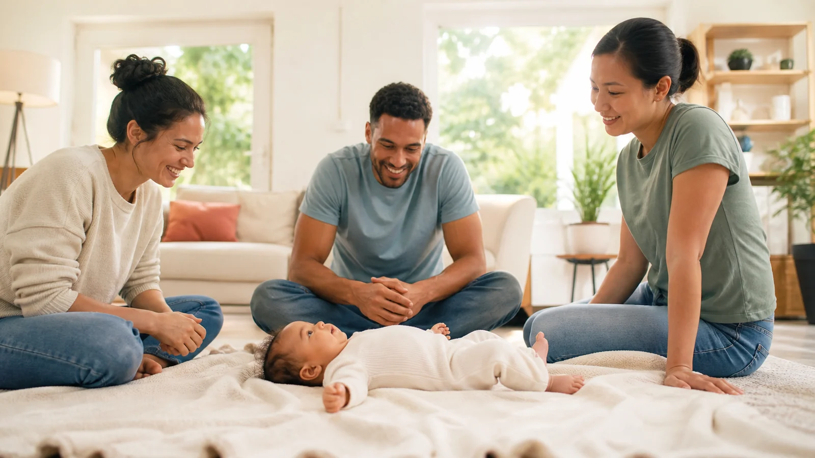 Il mondo dalla tua coperta — A safely supervised baby lies clothed on a soft blanket in a bright living room while familiar adults sit around at a respectful distance, camera at blanket height, calm hands and warm daylight.