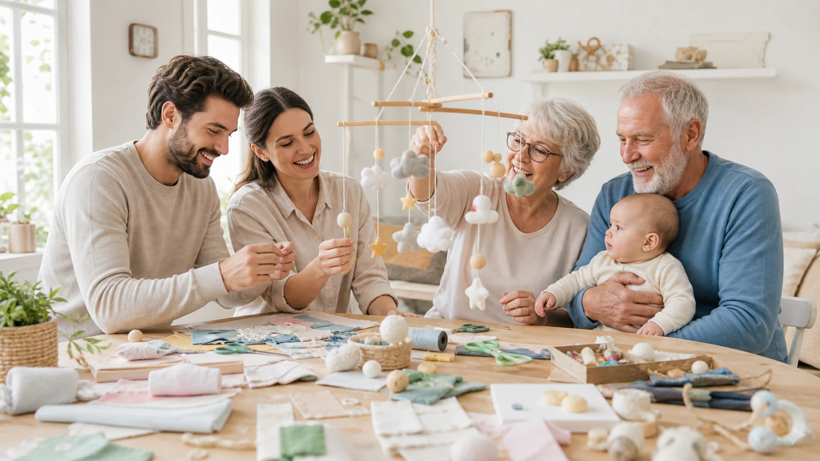 The mobile we made for you — A multigenerational family builds a simple handmade baby mobile from soft paper, fabric and pale wood at a bright craft table, with the safely held baby nearby and the finished mobile well out of reach.