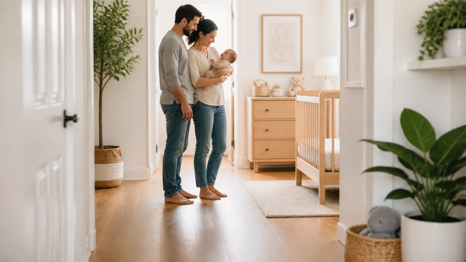 Der kurze Weg bis zu deinem Platz — A calm continuous-view composition through an anonymous bright home hallway toward parents holding a clothed baby beside a safely prepared nursery area, pale wood, daylight and genuine belonging.