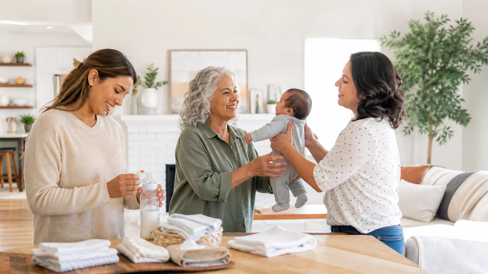 Die Hände, die dich heute tragen — Several family caregivers perform real gentle baby-care gestures in one bright home—folding tiny clothes, preparing an unbranded bottle and safely passing a clothed baby—warm candid teamwork.