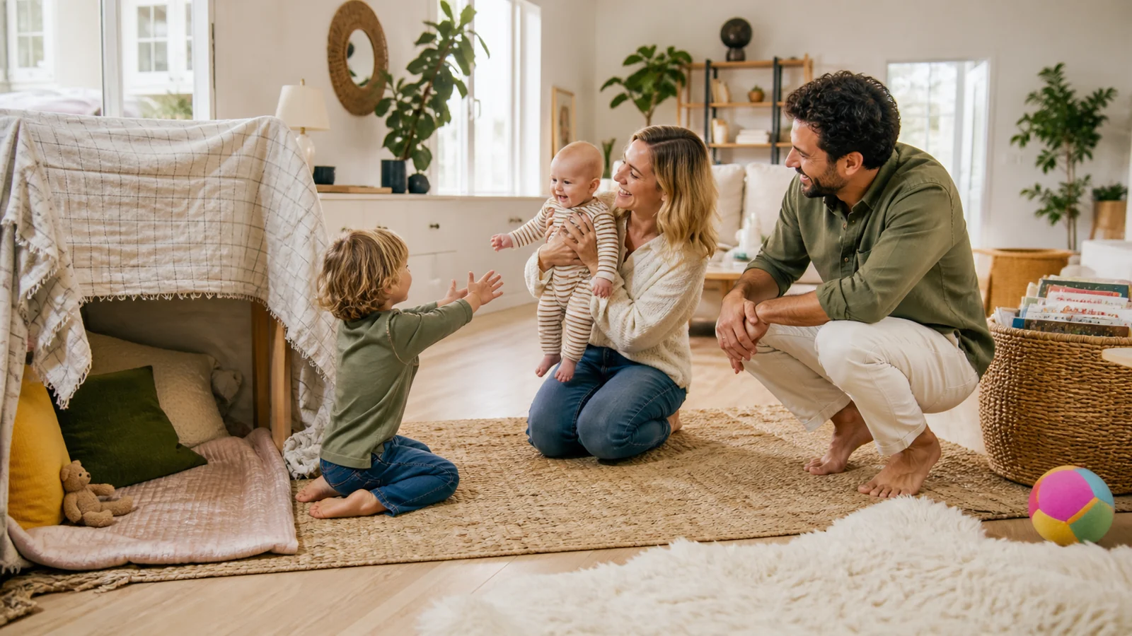 Komm, ich zeige dir unser Zuhause — An older child gives a cheerful floor-level tour of a bright family home to a safely held new baby, showing a table den, book basket and soft play corner with parents nearby.