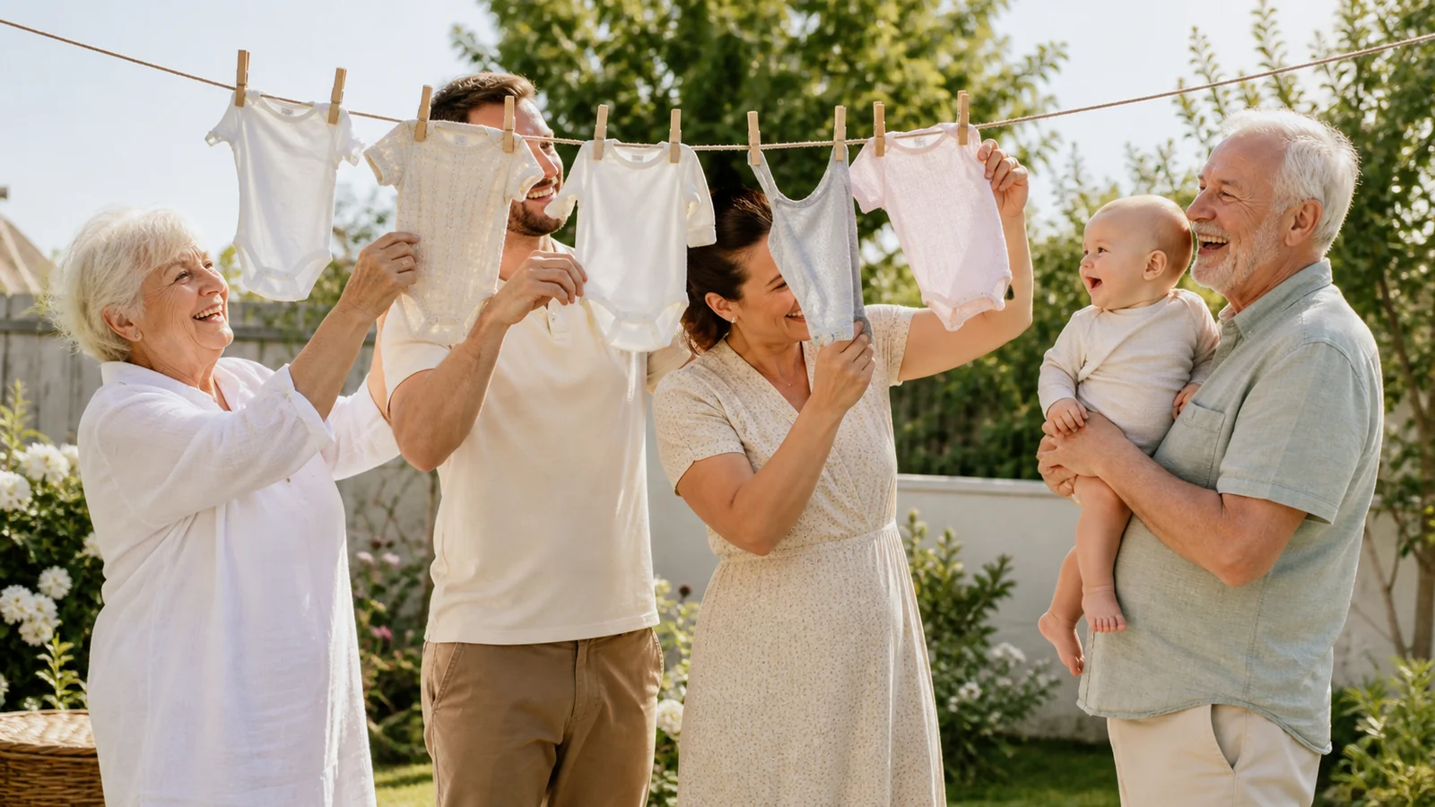 The little line full of big days — Parents and grandparents hang tiny clean baby clothes on a short elevated line in a bright sunny garden while holding the baby safely, candid laughter, pale fabrics moving in a gentle breeze.