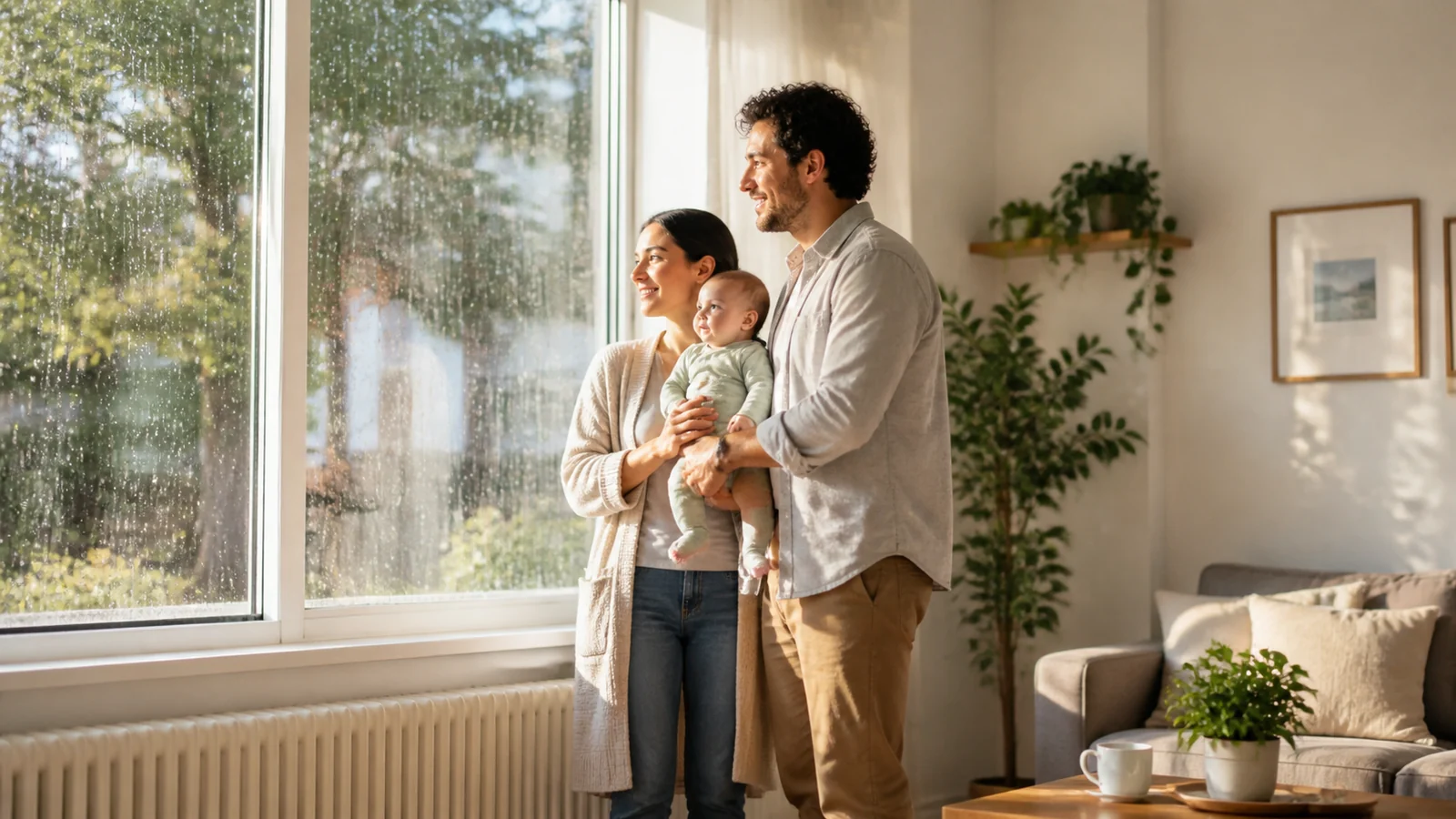 Le temps derrière ta première fenêtre — A family with a safely held baby stands beside one large secured window in a bright home as real rain, soft wind and sunlit patches are suggested across the room, warm documentary mood.