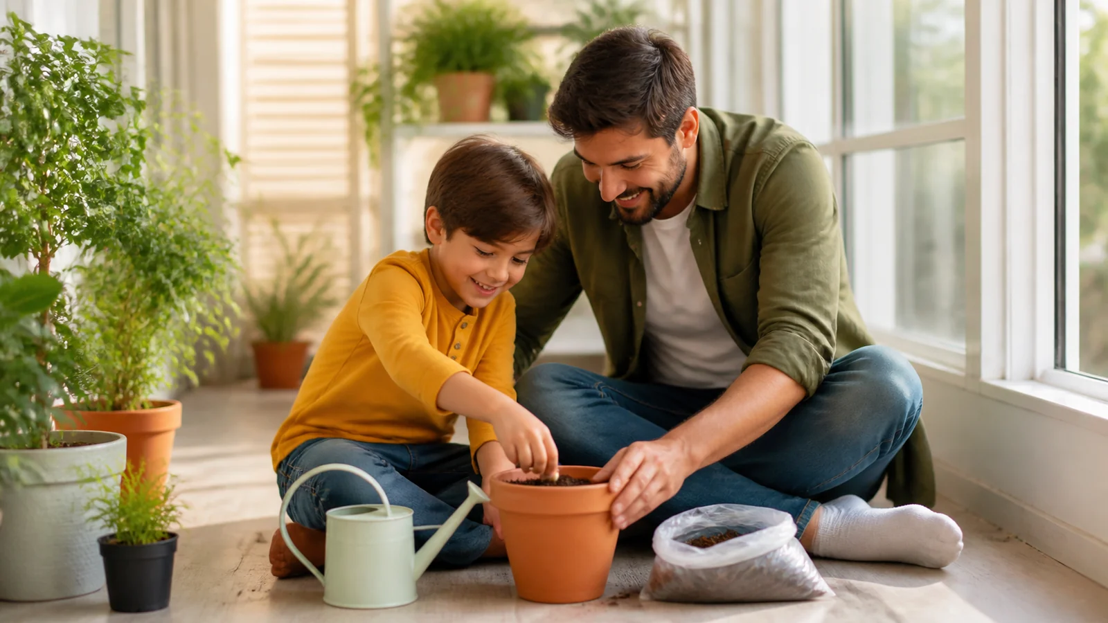 Der erste Samen auf unserem Balkon — A person and child carefully plant one real seed in a stable terracotta pot on a bright safe balcony, small watering can, pale soil, joyful patience and complete figures, no skyline address clues.
